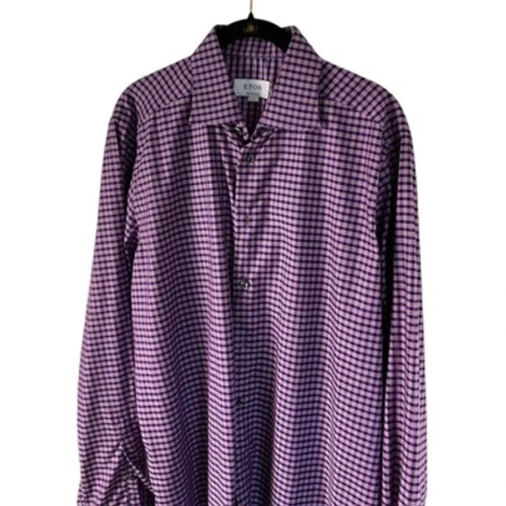 Eton Contemporary Fit Purple Gingham Check Dress Shirt Mens 41 16 L Cotton